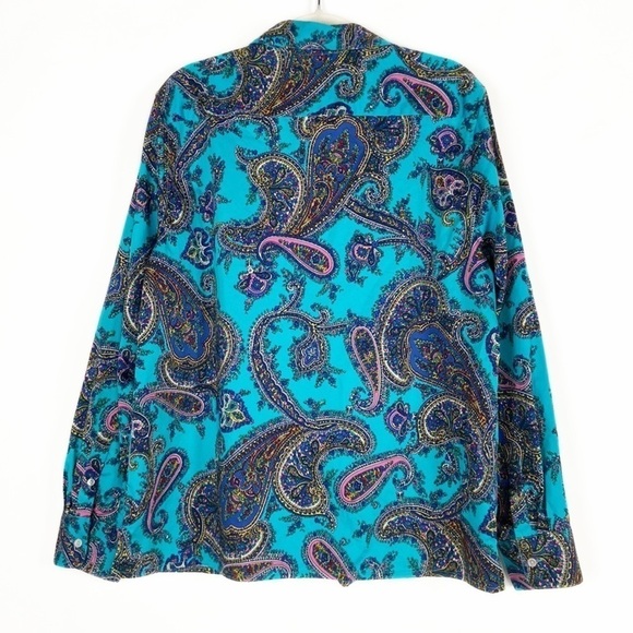 Talbots Petite Teal Multicolor Paisley Print Long Sleeve Button Down Shirt - Picture 2 of 16